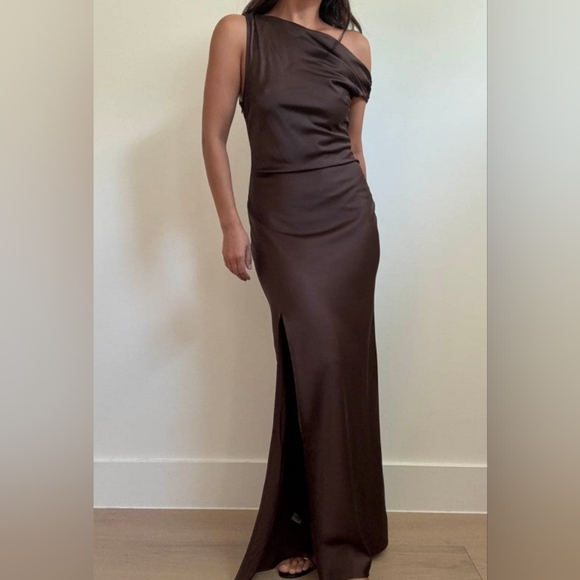 One Shoulder Front Slit Maxi Dress Espresso Brown - Picture 2 of 13